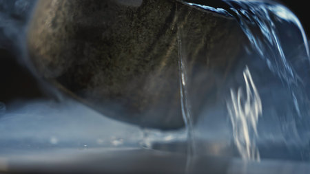 Hot water being poured out of bucket. Stock footage. Close-up of jet of water pouring out of small...