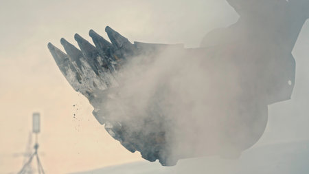 Rotating excavator in industrial dust at quarry. Stock footage. Cinematic video of industrial excavator in cloud of dust at quarry. Excavator rotates and rakes in minerals at quarryの写真素材