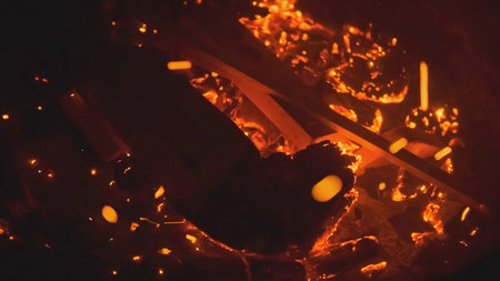 Close-up of blowing up coals in campfire. Clip. Flickering lights of smoldering campfire in nature....