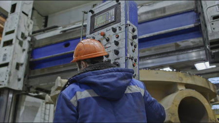 Worker with control panel for automated machines at factory. Stock clip. Specialists in programming...