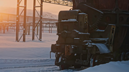 Heavy mining machinery is moving on winter day. Stock footage. Mining operations with moving machinery in winter. Suns rays shine on heavy mining equipment in winterの写真素材