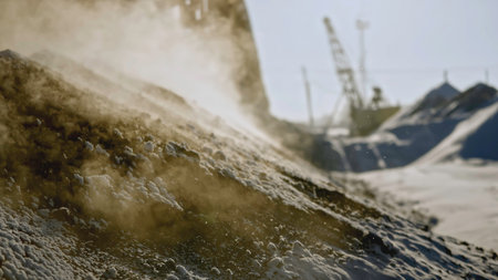 Ore mining in winter. Stock footage. Close-up of hot fossil releases steam on surface of earth. Extracted pile of mineral releases steam on winter day at quarryの写真素材