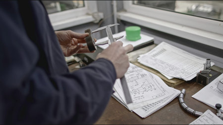 Worker measures part from drawings. Specialist makes measurements of metal part for project....
