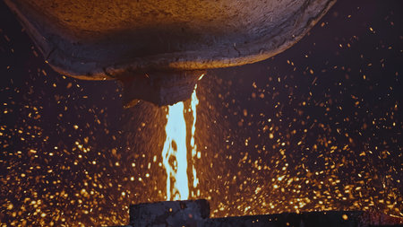 Vat pouring molten metal. Stock footage. Jet of molten metal pours out with incandescent sparks....