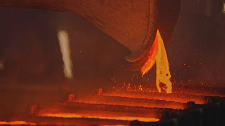 Close-up of molten metal filling molds. Stock footage. Liquid molten metal is poured into molds....