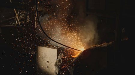 Splashes of red-hot metal at factory. Stock footage. Stream of hot metal splashes at factory. Explosion of molten metal splashes at metallurgical plantの写真素材