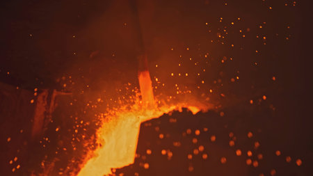 Streams and channels of molten metal. Stock footage. Worker crushes place for molten metal to flow...