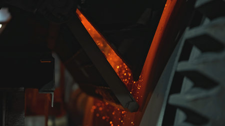 Metal particles sparkle in factory. Stock footage. Sparkling metal alloy particles are flying in...