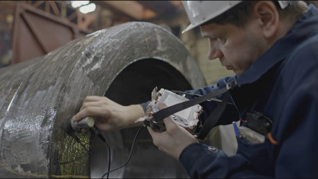 Flaw detector. Stock clip. Worker performs magneto powder flaw detection. Worker with non-destructive testing device on metal partの写真素材