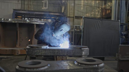 Welder at industrial plant with large metal parts. Stock clip. Welder manually assembles huge metal...