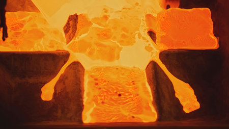 Close-up of flowing streams of molten metal. Stock footage. Molten jets of current metal flow. Metallurgical plant with molten metal streamsの写真素材