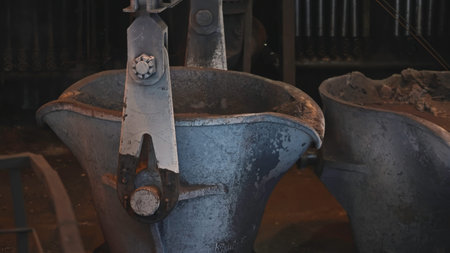 Vat of red-hot metal. Stock footage. Vat of molten liquid metal. Vat for metal alloys at metallurgical plantの写真素材