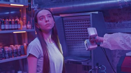 Scanning of young woman for development. Media. Laser gun scans woman for cyber technology model. Laser scanning of medals for developments in IT laboratoryの写真素材