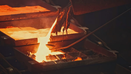 Streams of hot metal fill molds at factory. Stock footage. Beautiful molten metal pours into molds....