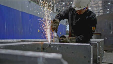 Worker cuts metal structure at factory. Stock clip. Worker with circular saw cuts metal structure on divorce. A lot of sparks fly from circular saw while working at factoryの写真素材