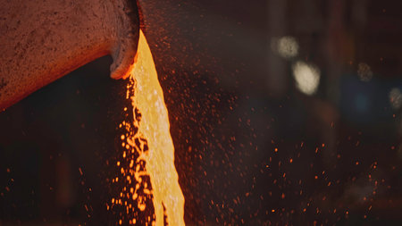 Jet of red-hot metal pours at factory. Stock footage. Beautiful red-hot metallic liquid is poured onto molds to solidify. Metallurgical plant with incandescent metal streamsの写真素材