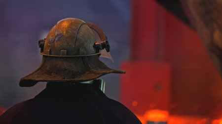 Man in helmet at metallurgical plant with liquid metals. Stock footage. Worker in helmet rides...