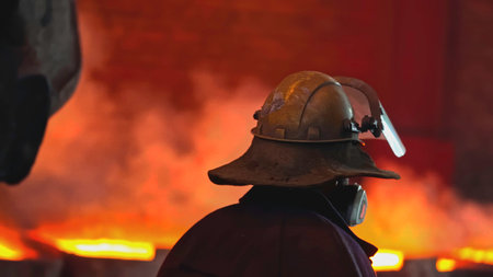 Man in helmet at metallurgical plant with liquid metals. Stock footage. Worker in helmet rides through metallurgical workshop with molten metals. Hot workshop of metallurgical plant with incandescent metalsの写真素材