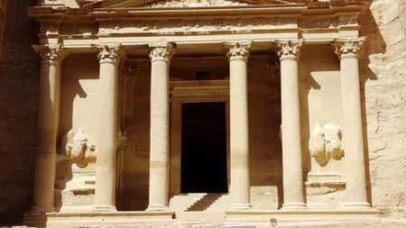 Experience the Majestic Entrance to Petra's Remarkable and Ancient Treasury of Wonders.の写真素材