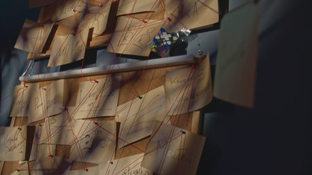 Mysterious notes with threads. Stock footage. Blackboard with notes and red threads in mysterious...