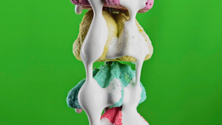 Colorful cookies in liquid cream. Stock clip. White cream flows down colorful cookies. Creative video with sweets and chromakeyの写真素材