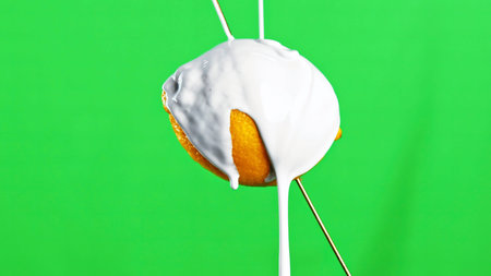 Close-up of products in cream. Stock clip. Food filled with white liquid. Food is covered by white...