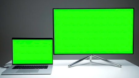 New TV models. Action.A small laptop that is comfortable to use and a large plasma TV with green screens.の写真素材