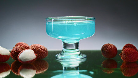 Beautiful glass with drink and ingredients. Stock clip. Drink in glass stands on isolated colorful background. Club drinks and bar professionの写真素材