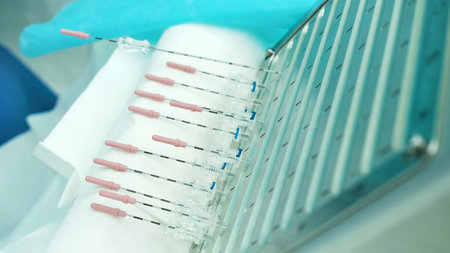 Close-up of test tube with blood test for virus. Creative. Thin tubes with blood for tests....