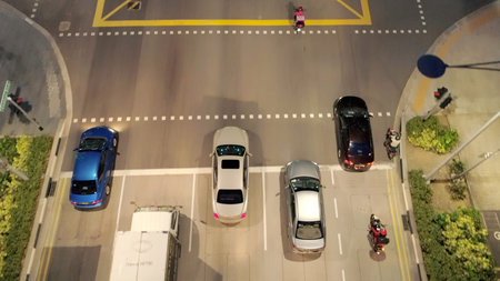 Aerial View of Traffic on a Highway. Shot. Top view from a drone of cars running on the highway at...