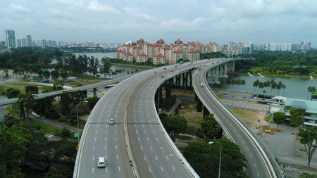 Singapore Aerial View on Highway. Shot. Cars on the highway aerial view