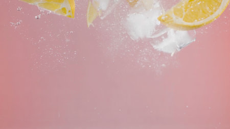 Lemon slices with ice fall into water on isolated background. Action. Juicy lemon slices and ice cubes fall into water and float to surface. Refreshing lemon with ice in waterの写真素材