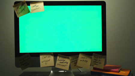 Close up of modern working place with a chromakey screen computer, daily planners and post it notes. Concept. Female hand glueing a sticker note on a computer with green screen.の写真素材