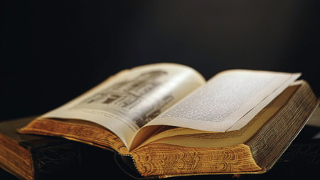 Male hand turning pages of old open book lying on the table in the dark room. Vintage books, close-up.の写真素材