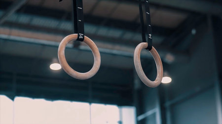 Professional sports equipment and the interior of a gym. Video. Bottom view of gymnastic rings with a sports hall ceiling on the background.の写真素材
