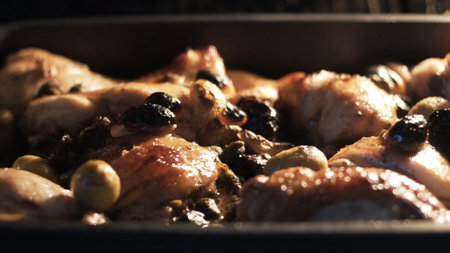 Tray filled with chicken breasts inside oven. Action. Close up of chicken being baked in the oven with olives, spices, garlic and vegetable oil, food and cooking concept.の写真素材
