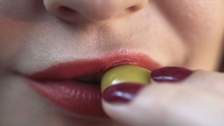 Close up of red lips of a woman biting a green olive. Action. Red lips, extreme close up of facial details of a young woman with beautiful skin.の写真素材