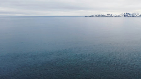 Snowy blue winter landscape of Arctic ocean and snow covered stony shore. Footage. Aerial of the coastline, cliffs, endless ocean and heavy cloudy sky on the background.の写真素材