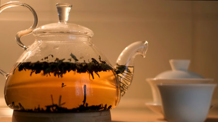 Close up of full teapot and a white small chinese cup isolated on beige wall background. Concept. Delicious tea in a glass teapot near traditional gaiwan and a cup.の写真素材