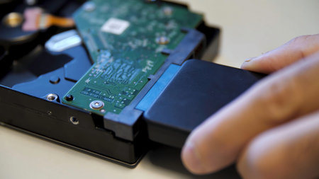 Close up of connecting an external adapter to a computer circuit board on white table background.