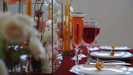 Serving table prepared for event celebration, party or wedding. Footage. Close up of white plates,...