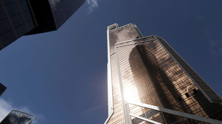 Low angle view of Moscow-City skyscrapers, Russia. Action. Bottom view of business district with...