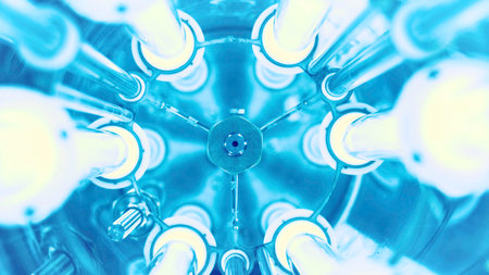 View inside of new modern water purification mechanism with LED lamps. Media. Concept of modern technologies for everyday life, close up of glowing blue lamps for water disinfection.の写真素材