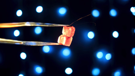 Sparkles flying from red hot coals held by forceps. Close up of hookah tongs and hot coals isolated...
