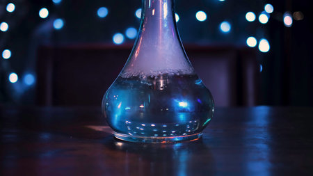 Camera moving towards the glass flask vase. Media. Transparent flask with water on dark room background decorated by blue lamps.の写真素材