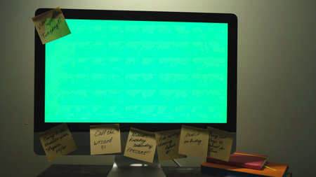 Stylish and creative desk with computer green screen and many sticky notes, office accessories. Concept. Close up of a woman hand taking one post it note from the computer with chromakey.の写真素材