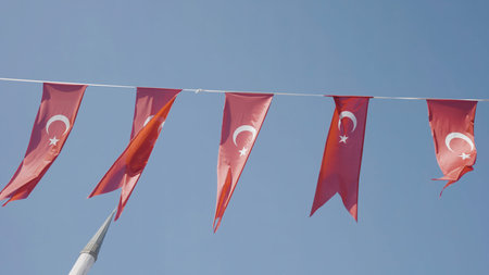 Turkish flags on rope. Action. Flags of Turkey are festively hung on rope on background of blue sky....