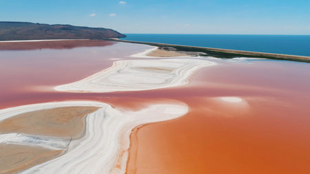 Beautiful aerial view of Laguna Colorada or Red Lake, a shallow salt lake in the southwest of the Altiplano of Bolivia. Shot. Eduardo Avaroa andean fauna National Reserveの写真素材
