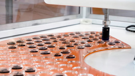 Pharmaceutical manufacturing automatic machine, vaccine production equipment. HDR. New technologies in pharmacy medical industry concept.の写真素材