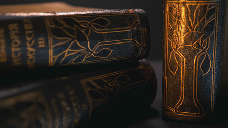 Vintage Russian books, close-up. Stock footage. Two volumes of Art History lying on the table in the dark room.の写真素材